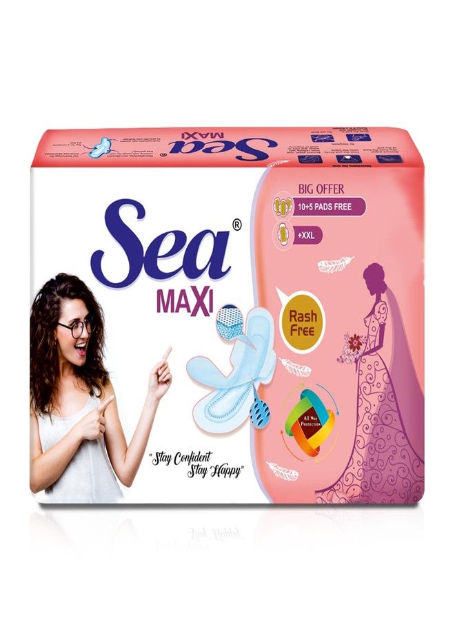 Sea Maxi Cotton Sanitary Pads for Women | Up to 100% Leakage Protection, Locks Odour & Wetness | Ultra Hygiene, Rash Free Cotton Soft | Pack of 15 (15 pcs Maxi XXL) - Image 1
